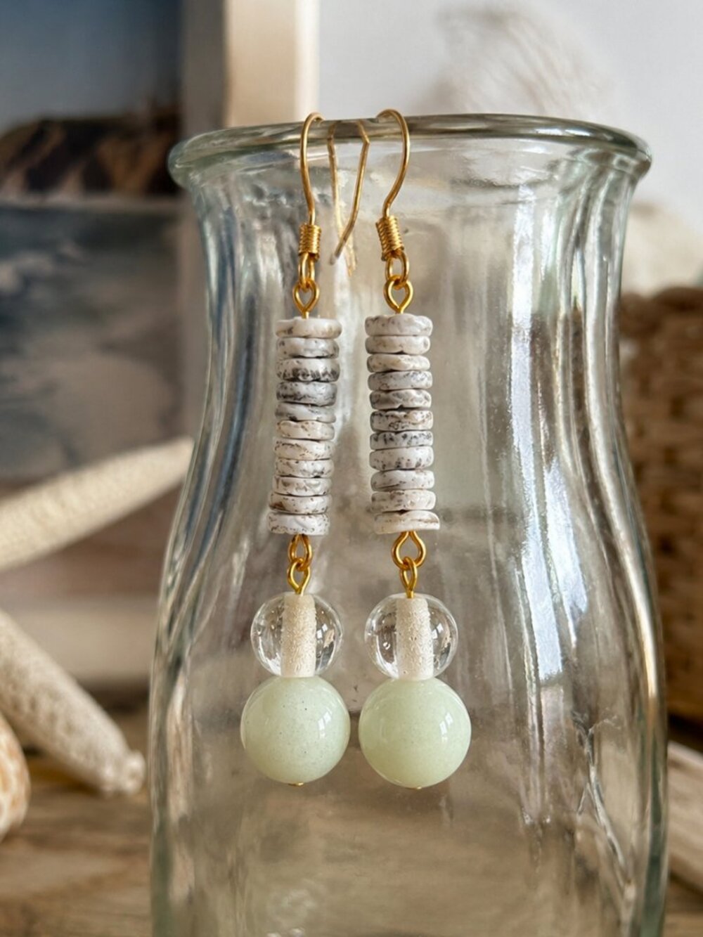 Long Shell & Crystal Stack Earrings, Beachy Hippie Earrings, Ethereal Ocean